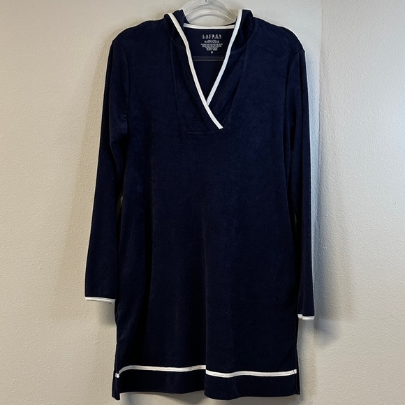 Lauren Ralph Lauren M Navy Terry Cloth Hooded Kaftan White Trim - Picture 1 of 8
